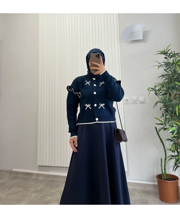 Kurdela Fiyonklu Triko Hırka - Lacivert