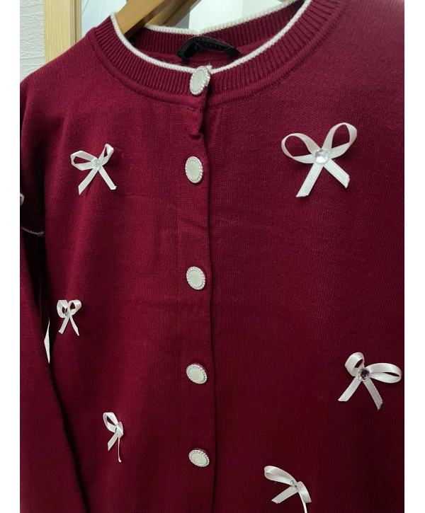 Kurdela Fiyonklu Triko Hırka - Bordo