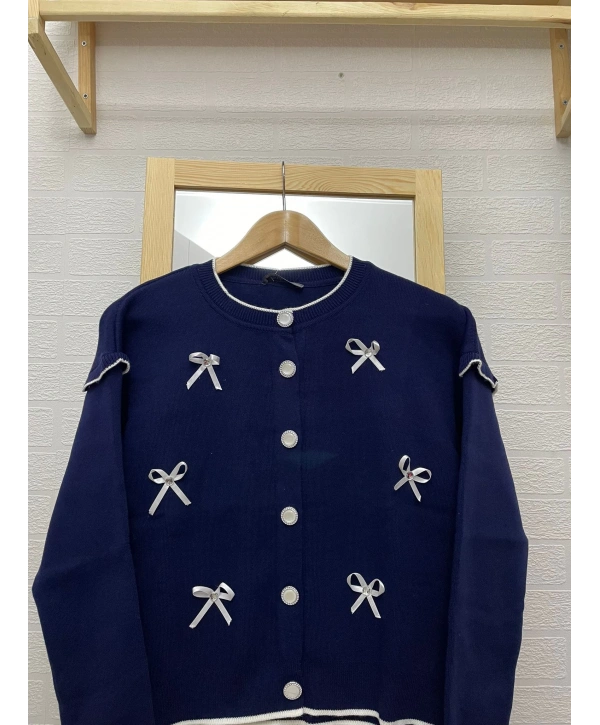 Kurdela Fiyonklu Triko Hırka - Lacivert