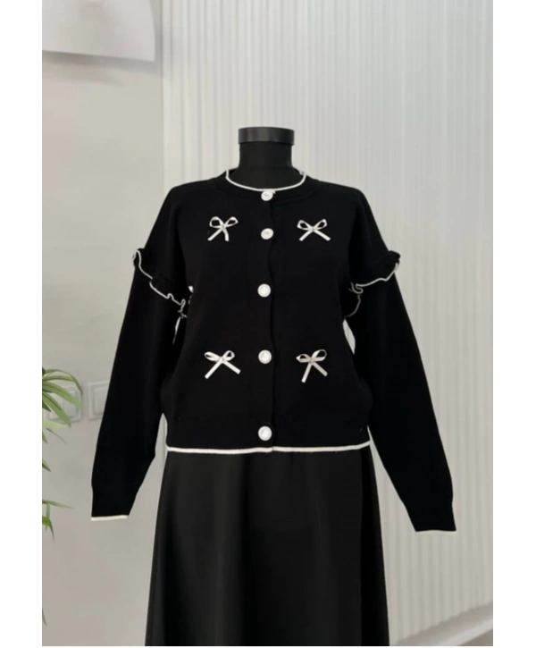 Kurdela Fiyonklu Triko Hırka - Siyah