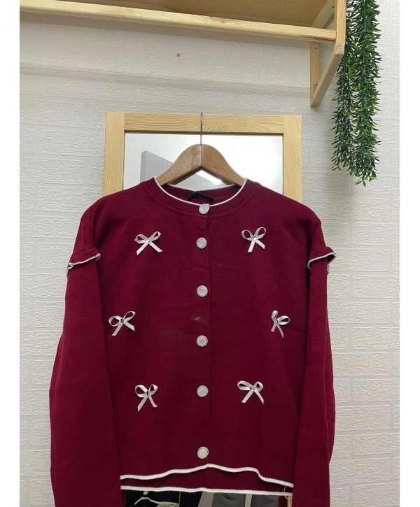 Kurdela Fiyonklu Triko Hırka - Bordo