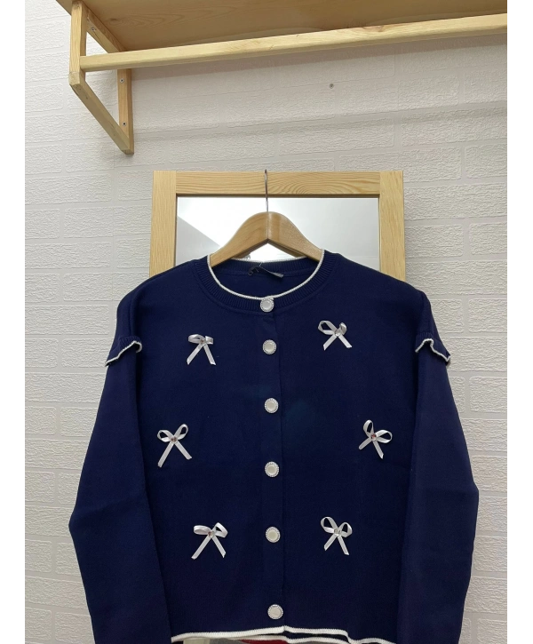 Kurdela Fiyonklu Triko Hırka - Lacivert