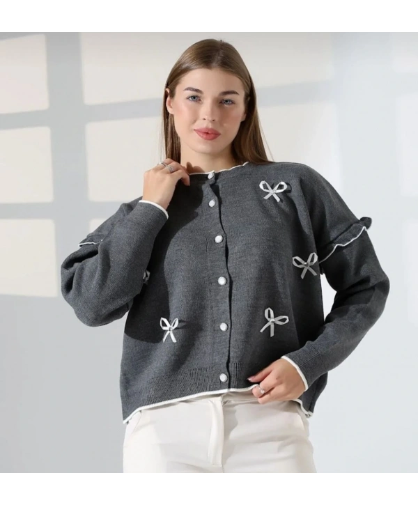 Kurdela Fiyonklu Triko Hırka - Gri