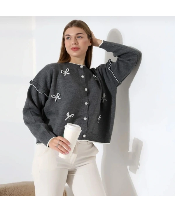 Kurdela Fiyonklu Triko Hırka - Gri