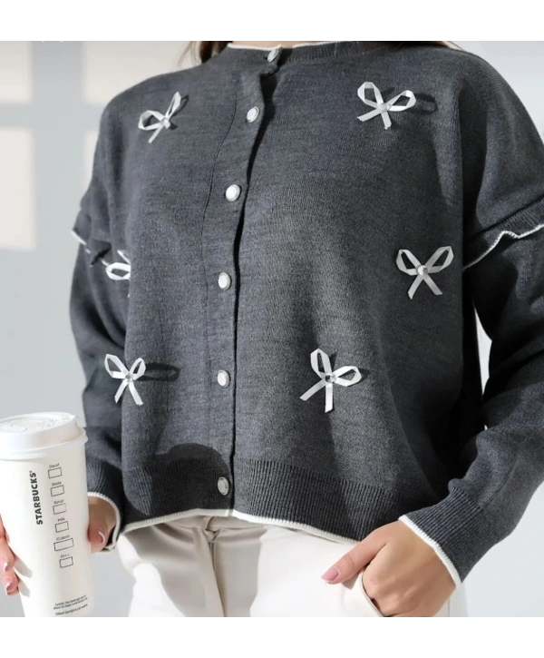 Kurdela Fiyonklu Triko Hırka - Gri