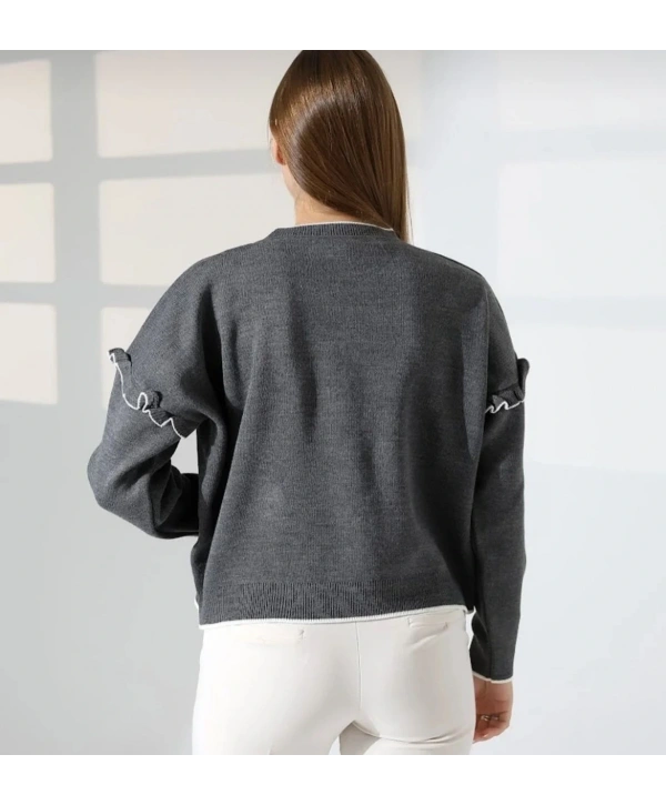 Kurdela Fiyonklu Triko Hırka - Gri