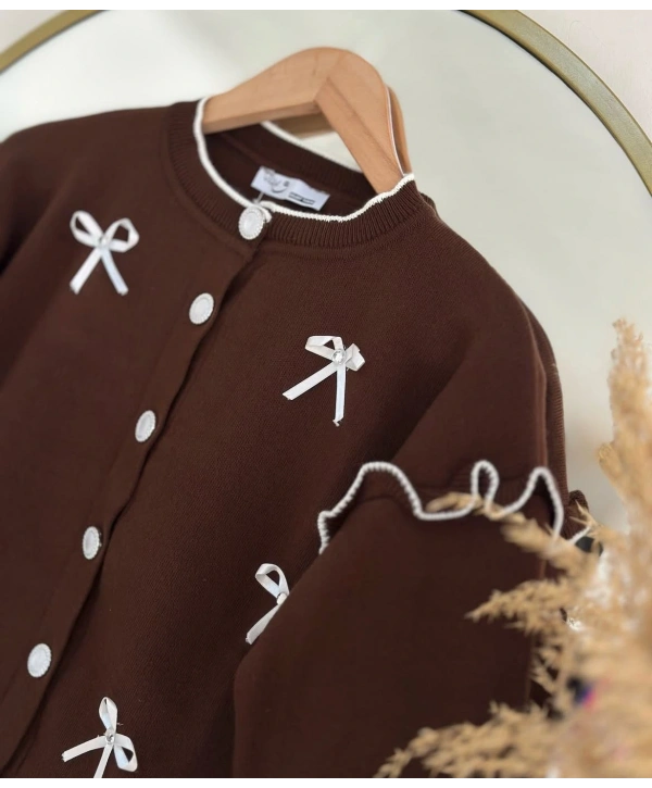 Kurdela Fiyonklu Triko Hırka - Kahverengi