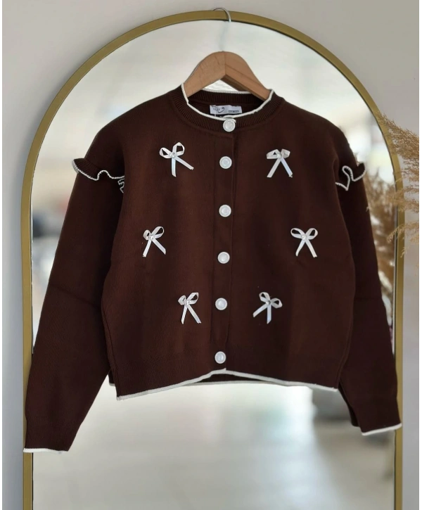 Kurdela Fiyonklu Triko Hırka - Kahverengi