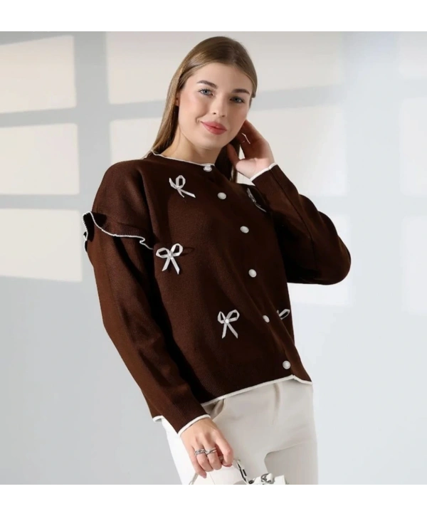 Kurdela Fiyonklu Triko Hırka - Kahverengi