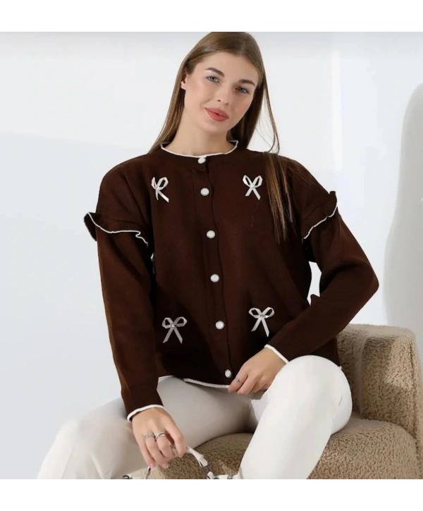 Kurdela Fiyonklu Triko Hırka - Kahverengi