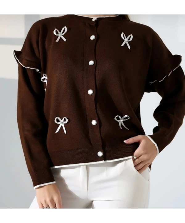 Kurdela Fiyonklu Triko Hırka - Kahverengi