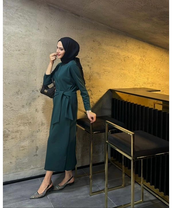 KUŞAK BAĞLAMALI KREP ELBİSE (135cm)