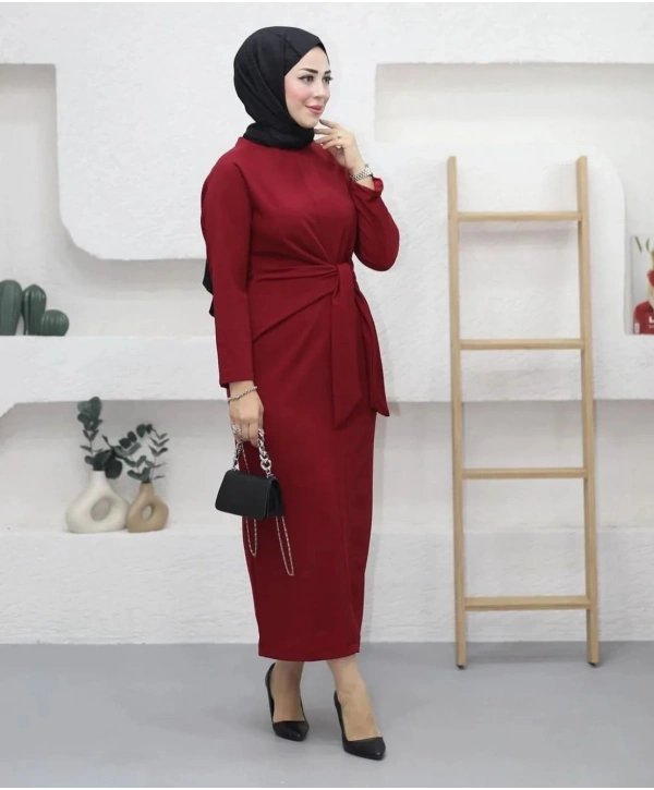 KUŞAK BAĞLAMALI KREP ELBİSE (135cm)