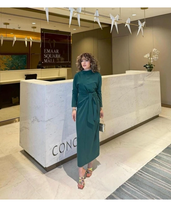 KUŞAK BAĞLAMALI KREP ELBİSE (135cm)