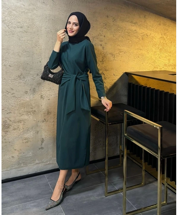 KUŞAK BAĞLAMALI KREP ELBİSE (135cm)