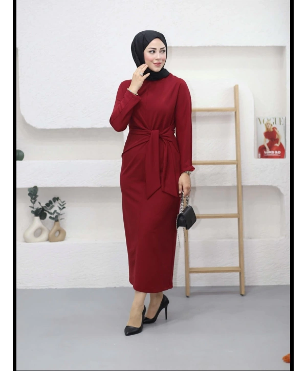 KUŞAK BAĞLAMALI KREP ELBİSE (135cm)