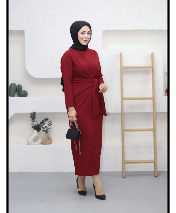 KUŞAK BAĞLAMALI KREP ELBİSE (135cm)