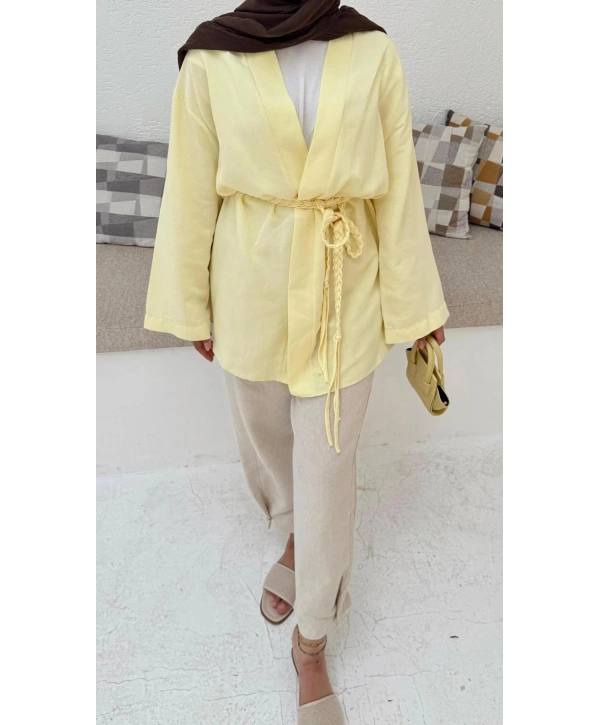 Örgü Kuşaklı Kimono - Sarı