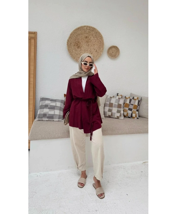 Örgü Kuşaklı Kimono - Bordo