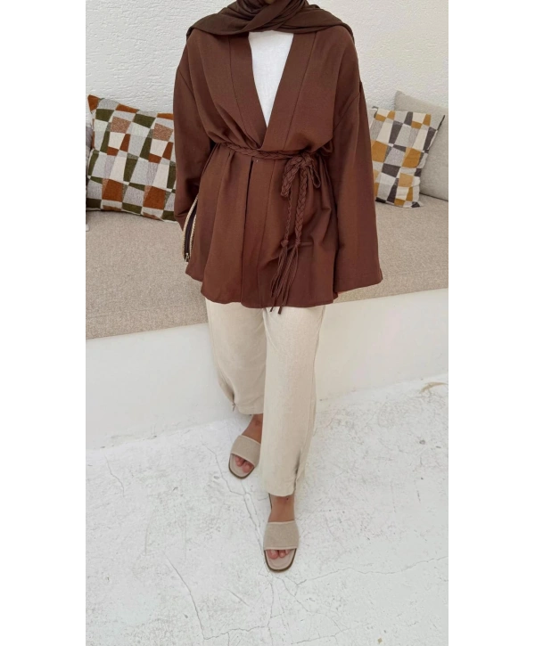 Örgü Kuşaklı Kimono - Kahverengi