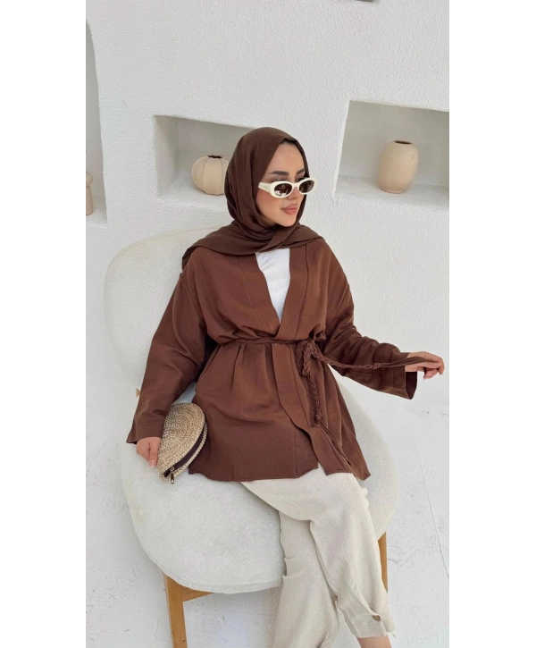 Örgü Kuşaklı Kimono - Kahverengi