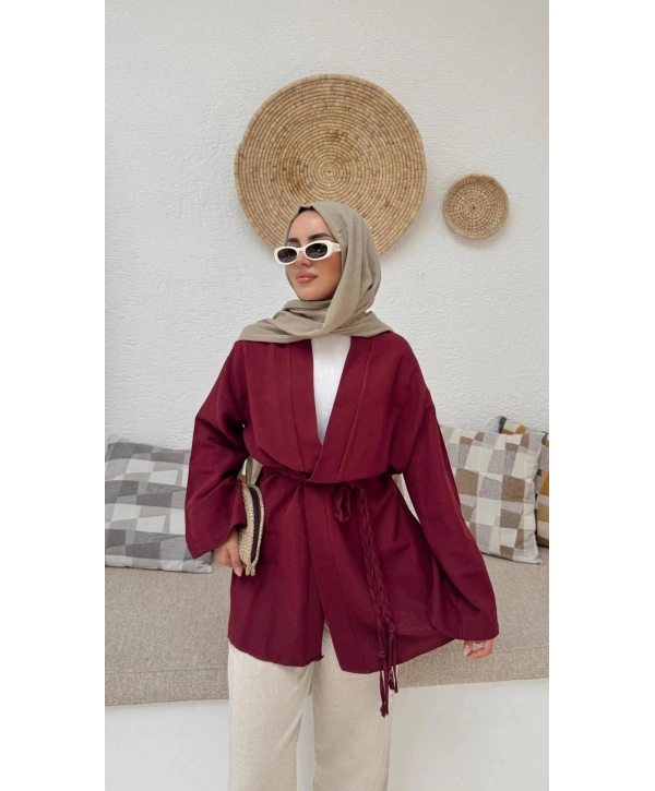 Örgü Kuşaklı Kimono - Bordo