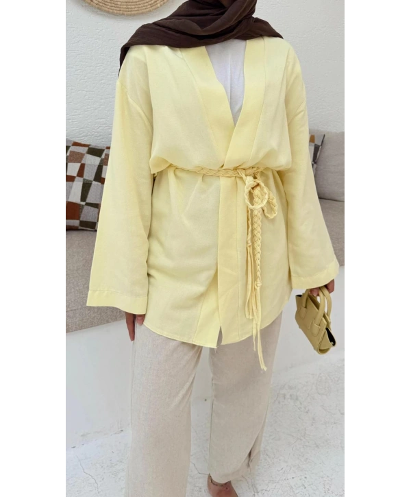 Örgü Kuşaklı Kimono - Sarı