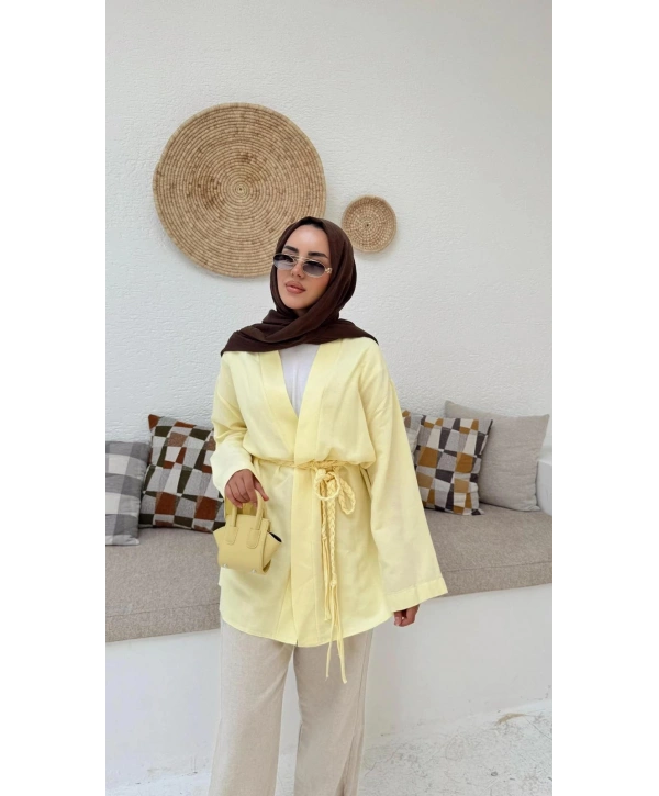 Örgü Kuşaklı Kimono - Sarı