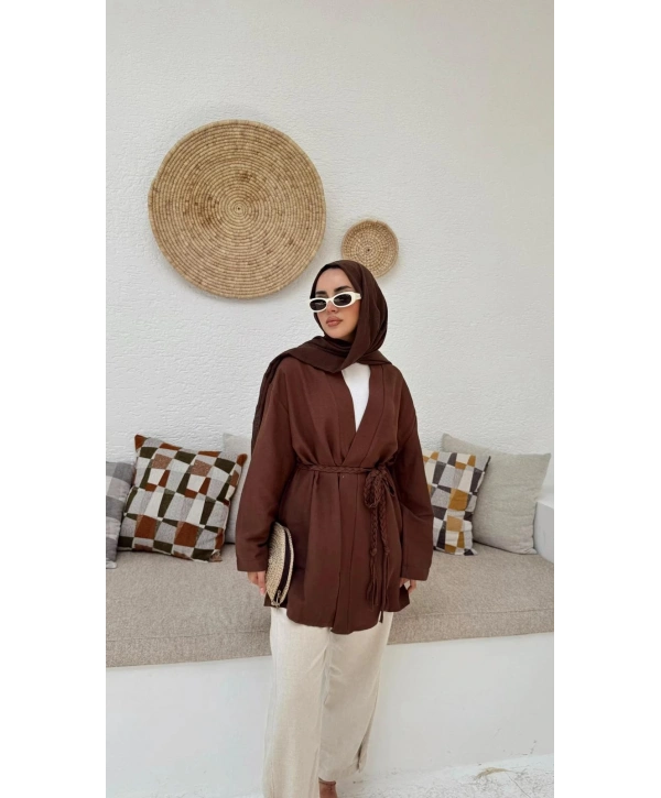 Örgü Kuşaklı Kimono - Kahverengi