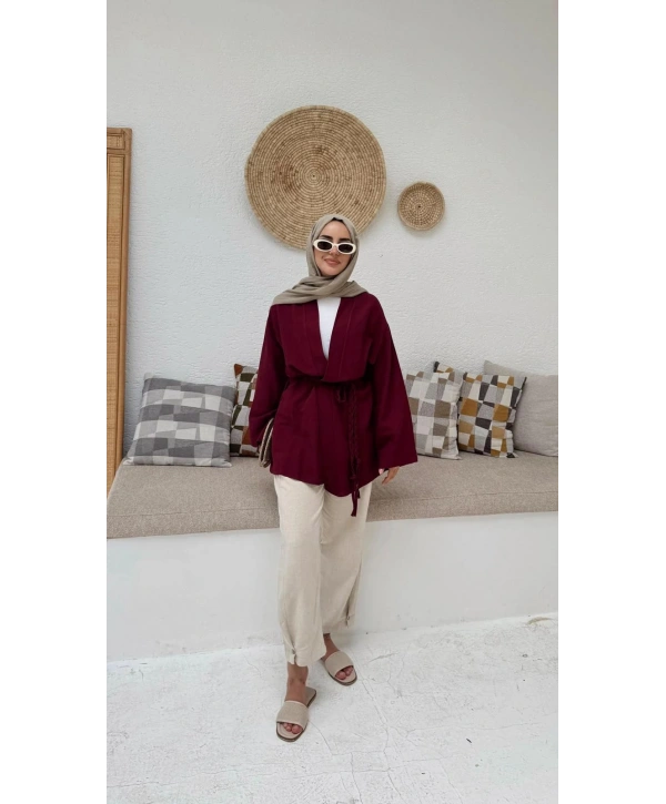 Örgü Kuşaklı Kimono - Bordo