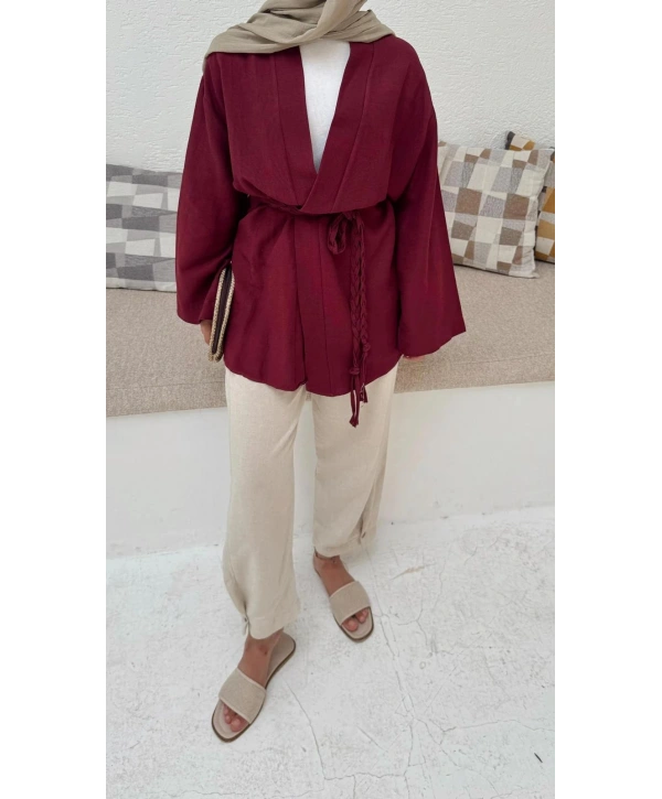 Örgü Kuşaklı Kimono - Bordo
