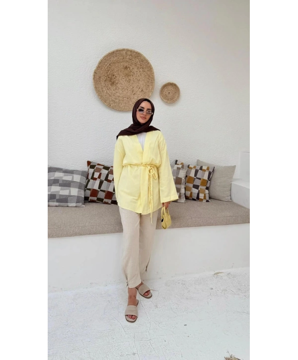 Örgü Kuşaklı Kimono - Sarı