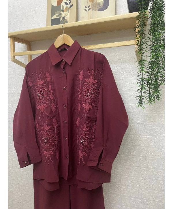 Nakış ve Taş İşlemeli İkili Takım - Bordo