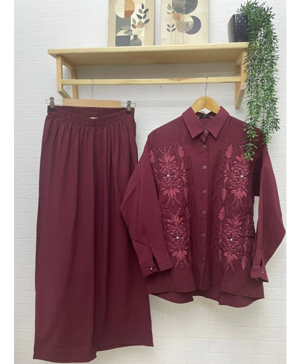 Nakış ve Taş İşlemeli İkili Takım - Bordo