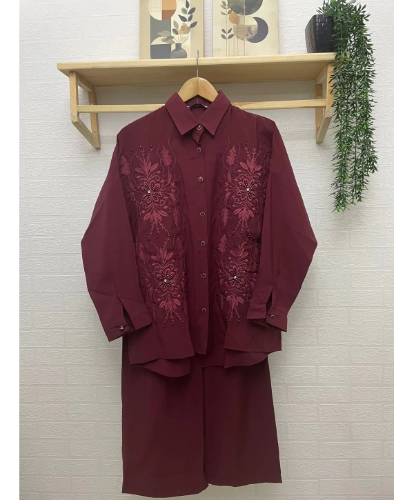 Nakış ve Taş İşlemeli İkili Takım - Bordo