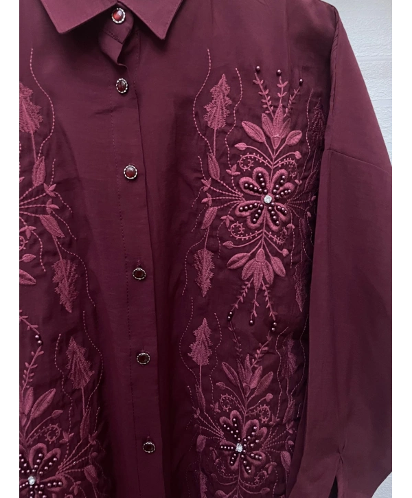 Nakış ve Taş İşlemeli İkili Takım - Bordo