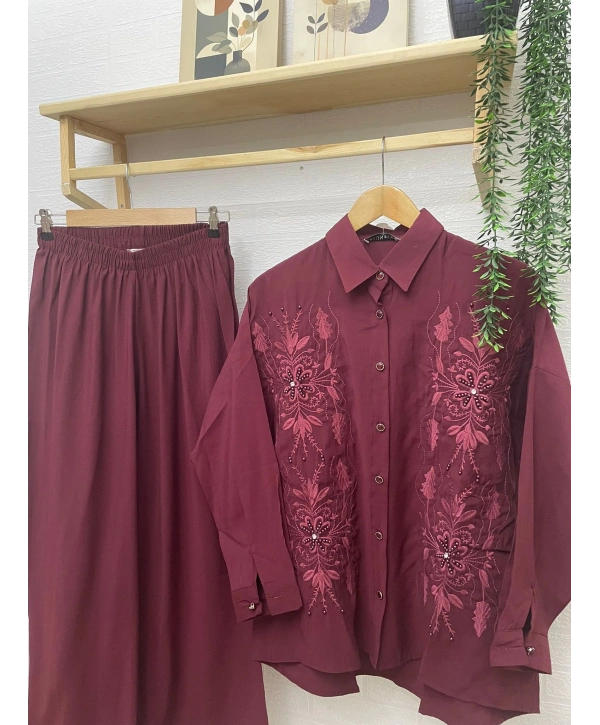 Nakış ve Taş İşlemeli İkili Takım - Bordo