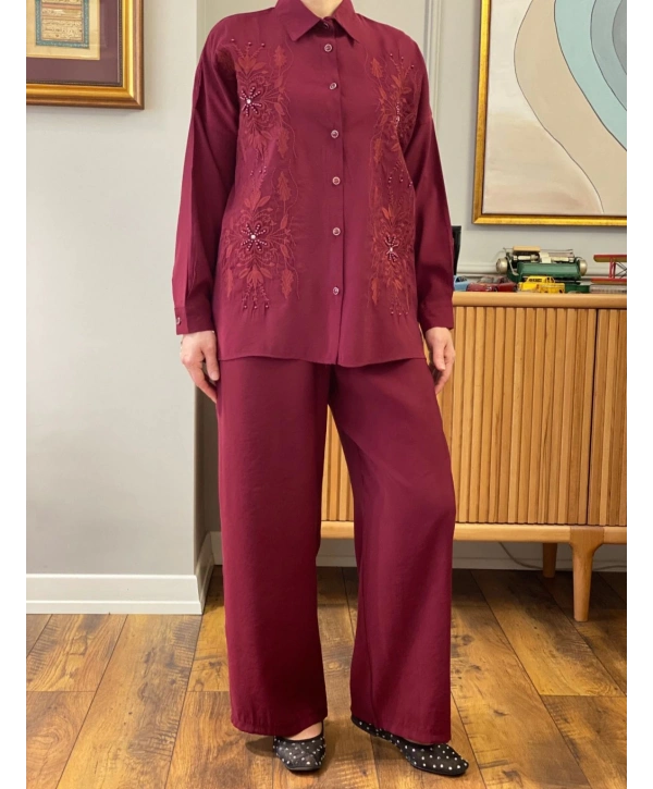 Nakış ve Taş İşlemeli İkili Takım - Bordo