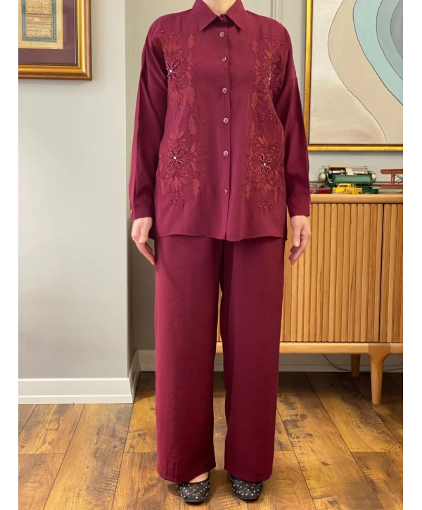 Nakış ve Taş İşlemeli İkili Takım - Bordo