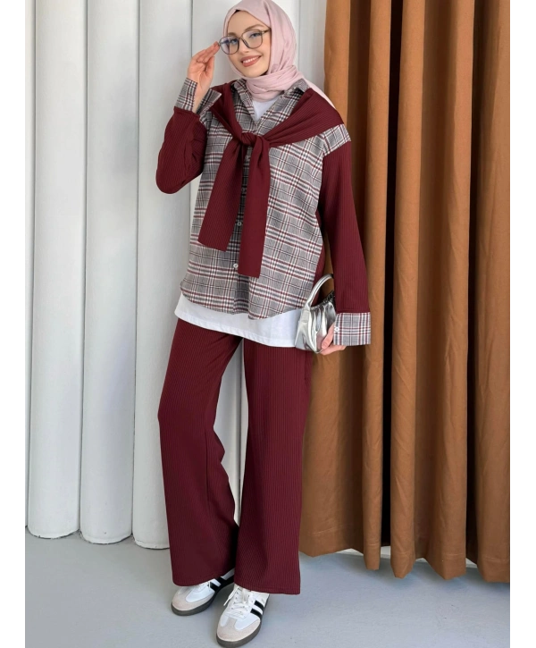 Atkı Detaylı İkili Takım - Bordo