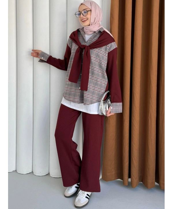 Atkı Detaylı İkili Takım - Bordo