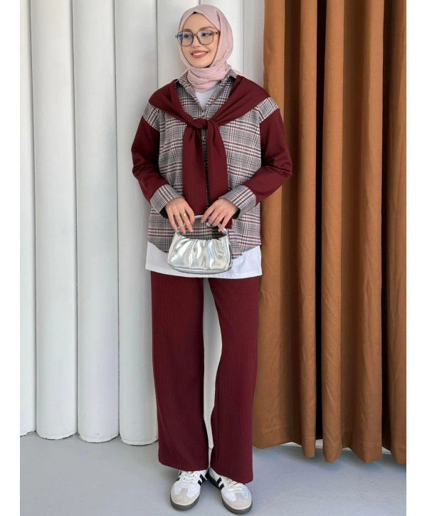 Atkı Detaylı İkili Takım - Bordo