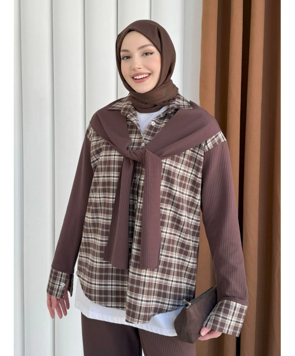 Atkı Detaylı İkili Takım - Kahverengi