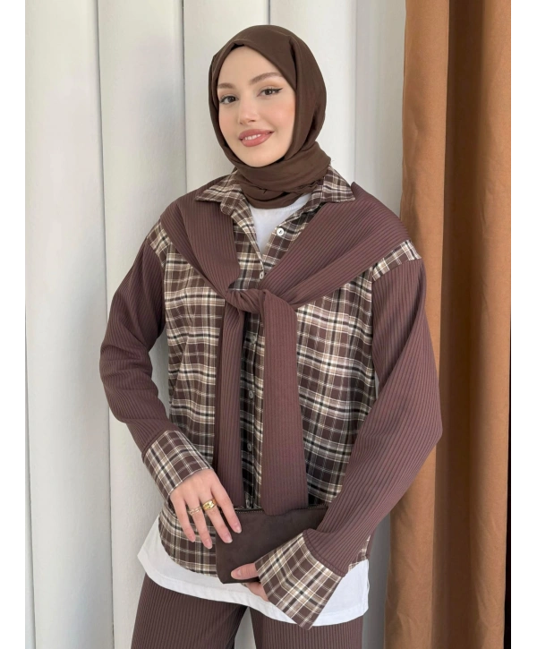 Atkı Detaylı İkili Takım - Kahverengi