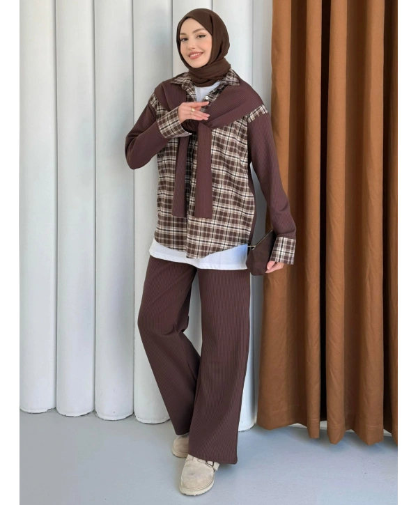 Atkı Detaylı İkili Takım - Kahverengi