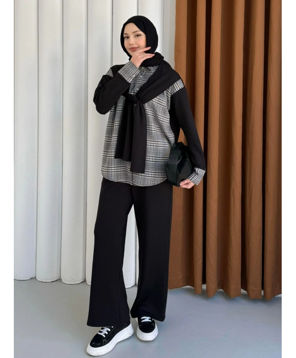 Atkı Detaylı İkili Takım - Siyah