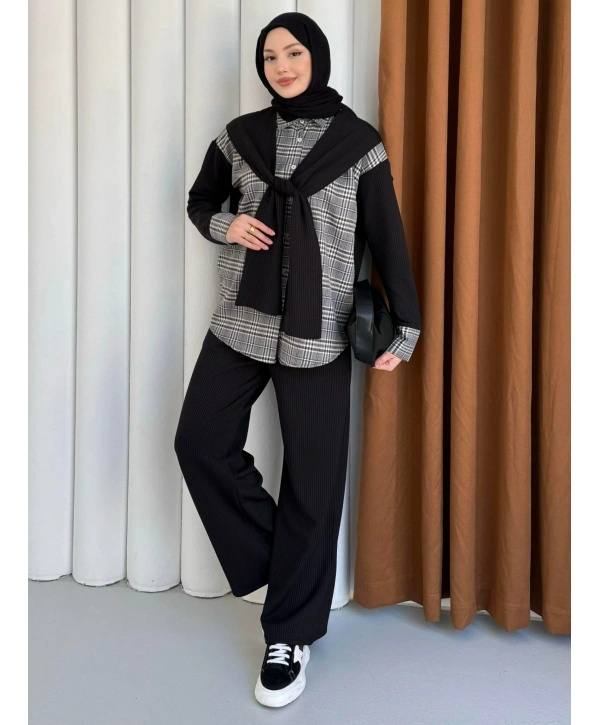 Atkı Detaylı İkili Takım - Siyah