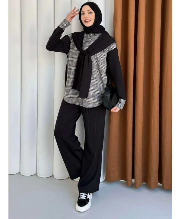 Atkı Detaylı İkili Takım - Siyah