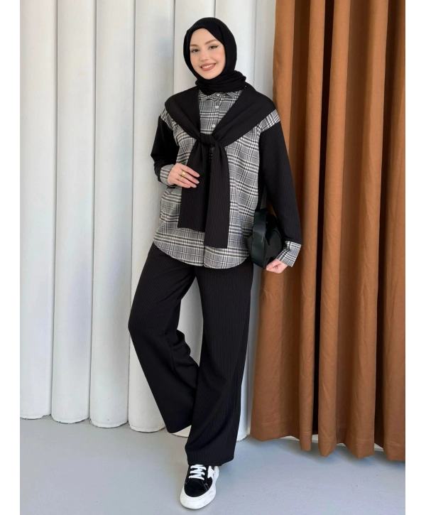 Atkı Detaylı İkili Takım - Siyah