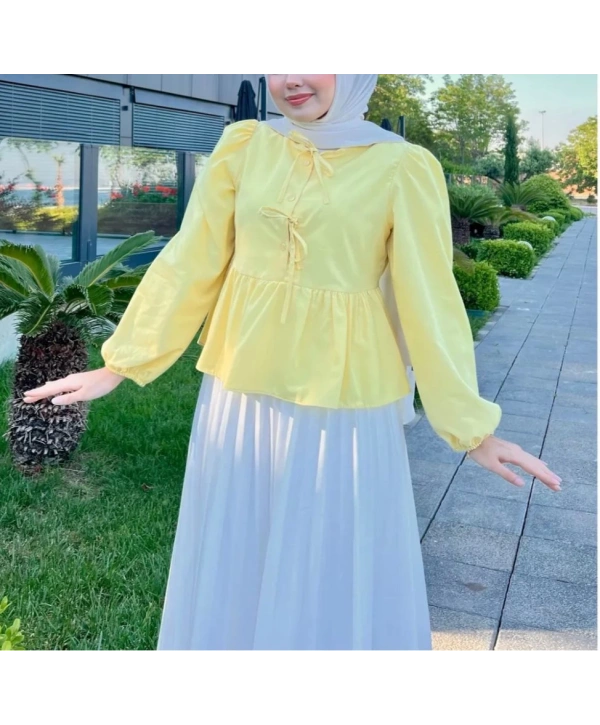 Önden Bağcıklı Kısa Gömlek - Sarı